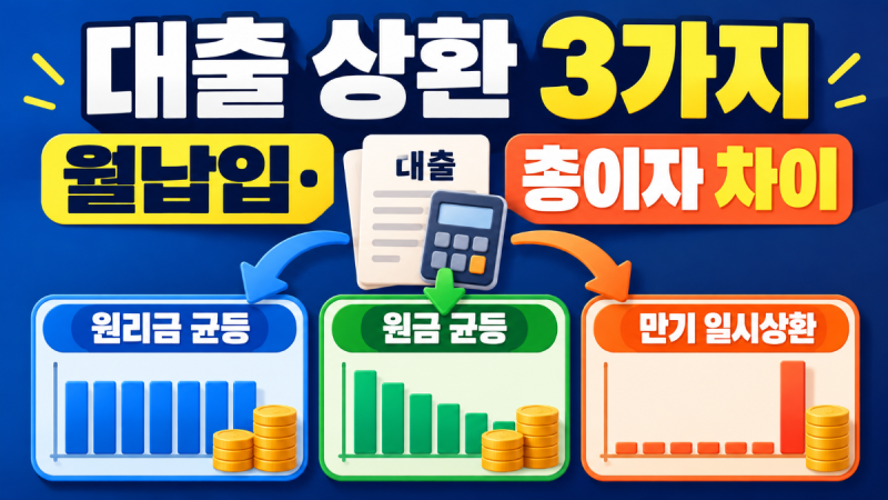 대출이자계산기, 원리금균등·원금균등·만기일시상환 월 납입액과 총이자는 얼마나 다를까?