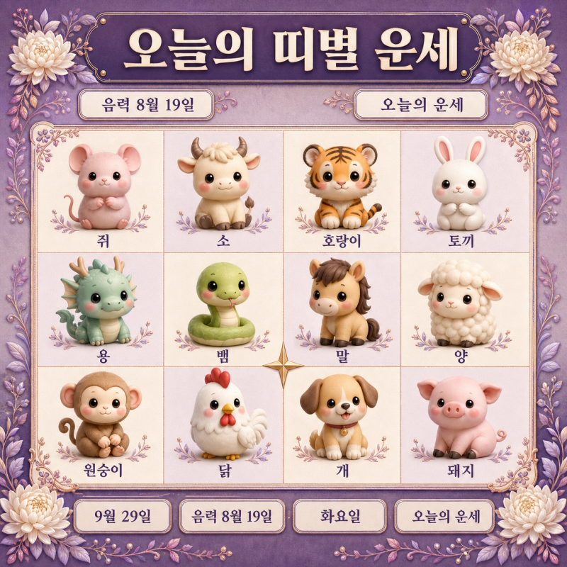2026년 9월 29일 띠별 운세 12띠 개별 상세 분석 화요일 오늘의 운세