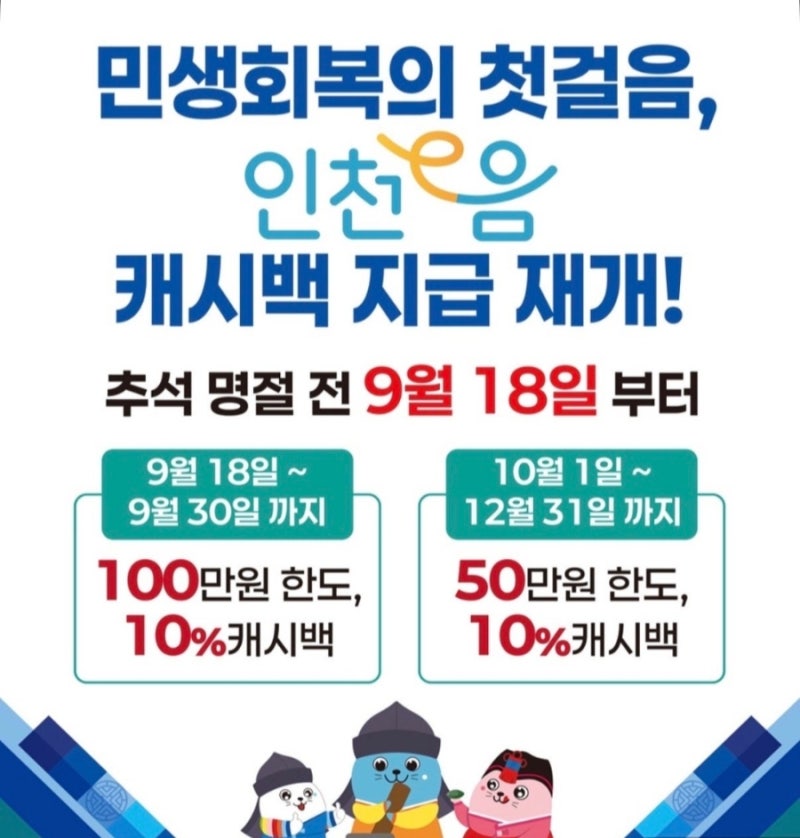 [지역화폐] 인천e음 캐시백 10% 재개! 최대 20만원 받는 방법 + 생활비 아끼는 결제처 추천