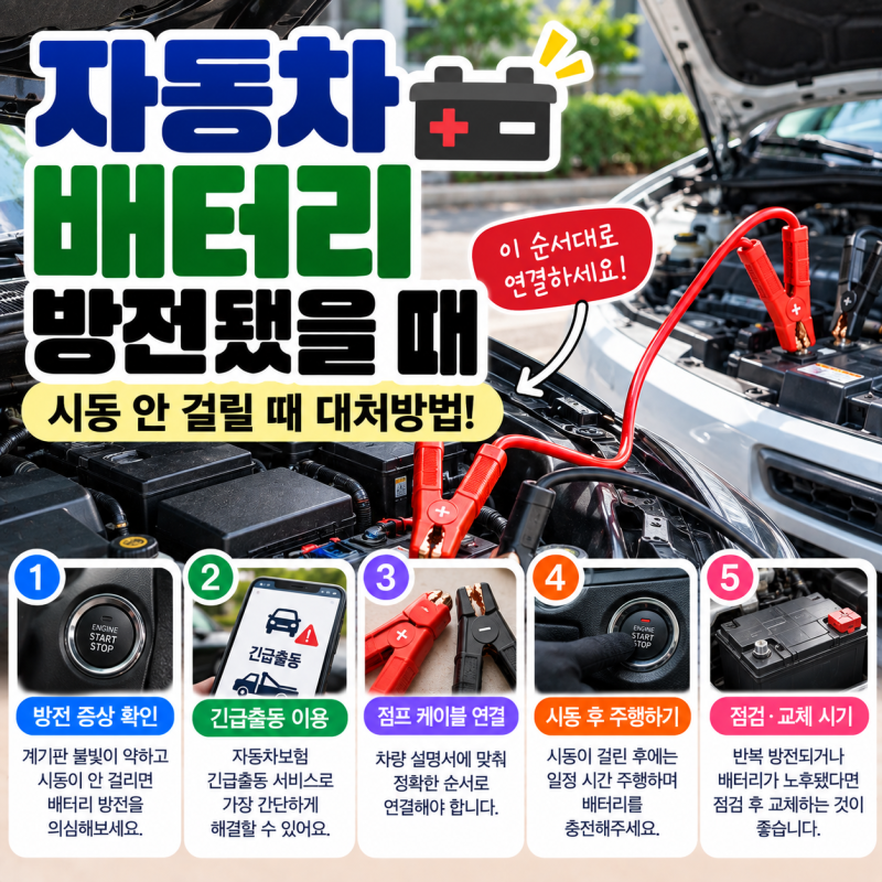 자동차 배터리 방전됐을 때｜시동 안 걸릴 때 대처방법·점프 시동 순서