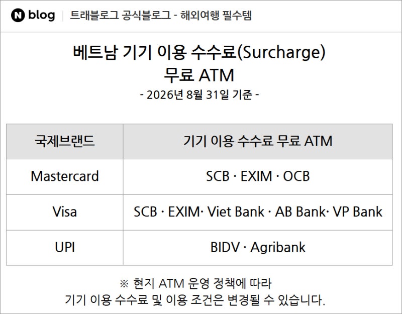 (최신 정보) 트레블로그 체크카드 베트남 ATM 현금 인출 수수료 무료 은행