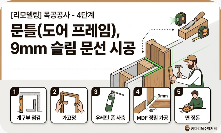 [리모델링] 목공공사 - 4단계. 문틀(도어 프레임), 9mm 슬림 문선 시공
