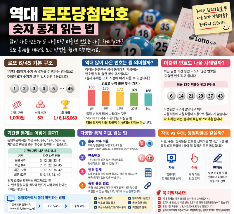 역대 로또당첨번호 숫자 통계 읽는 법, 많이 나온 번호가 또 나올까?