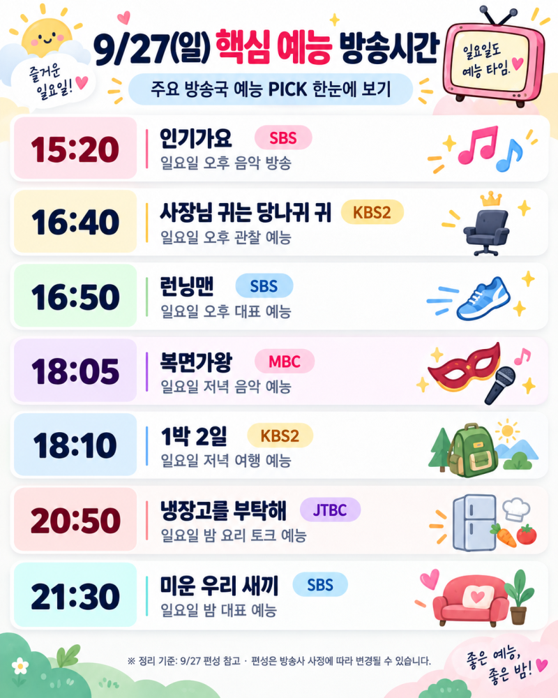 2026년 9월 27일 일요일 예능 편성표