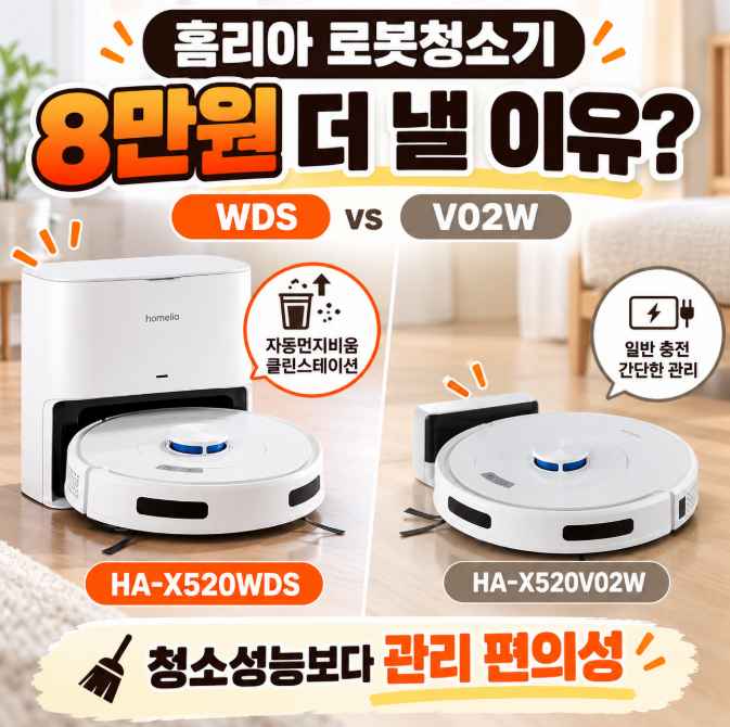 홈리아 HA-X520WDS·V02W 차이, 8만원 더 내는 이유는 청소성능이 아닙니다