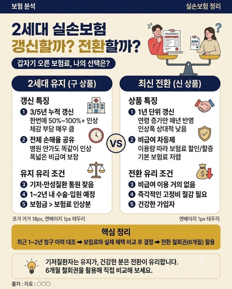 2세대 실손보험 갱신해야 할까? 갱신 주기·인상률 및 전환 득실 기준 비교