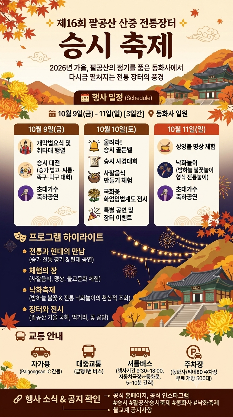[2026 제16회 팔공산 승시 축제] 대구 낙화축제 천년 고찰 동화사에서 펼쳐지는 산중 전통장터 ....
