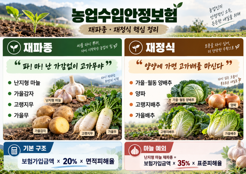 [손해평가사 농업수입안정보험] 보험금산정⑥｜재파종·재정식 품목 구분과 보험금