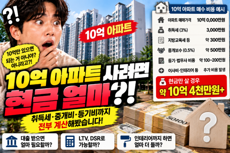 10억 아파트 사려면 현금 얼마 있어야 할까? 취득세·중개비까지 계산해보니