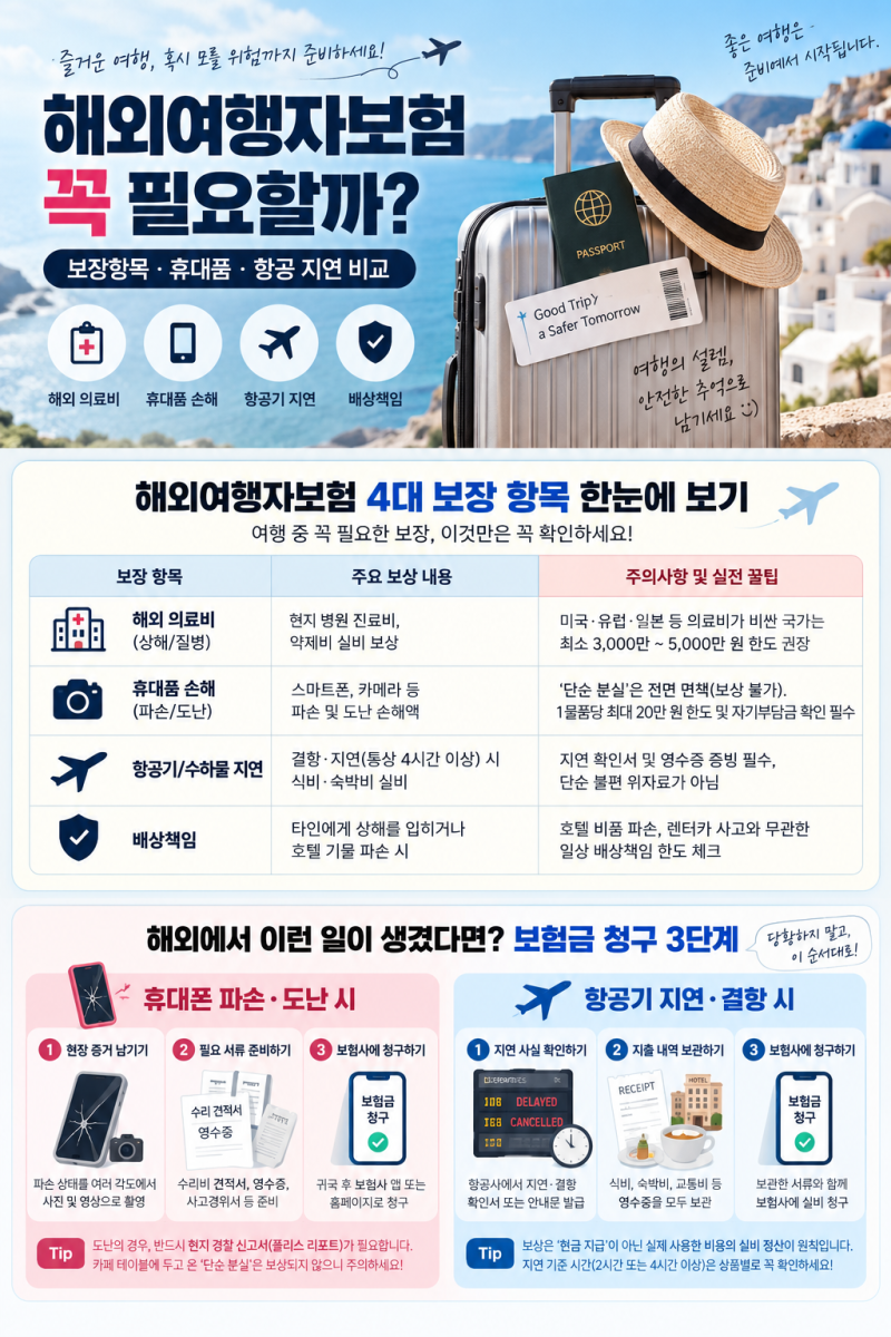 여행자보험 꼭 필요할까?｜휴대폰 파손·항공기 지연·의료비 보장 총정리