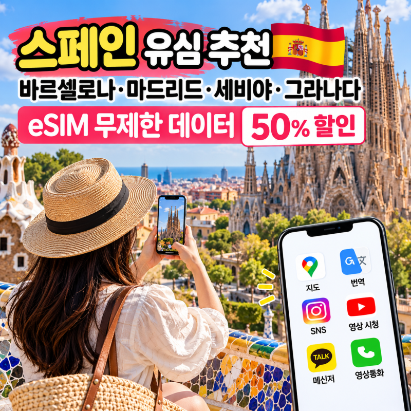 스페인 유심 추천 바르셀로나·마드리드 eSIM 무제한 데이터 50% 할인