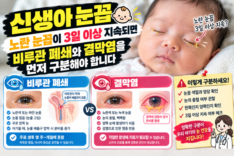 신생아 눈꼽 — 노란 눈꼽이 3일 이상 지속되면 비루관 폐쇄와 결막염을 먼저 구분해야 합니....