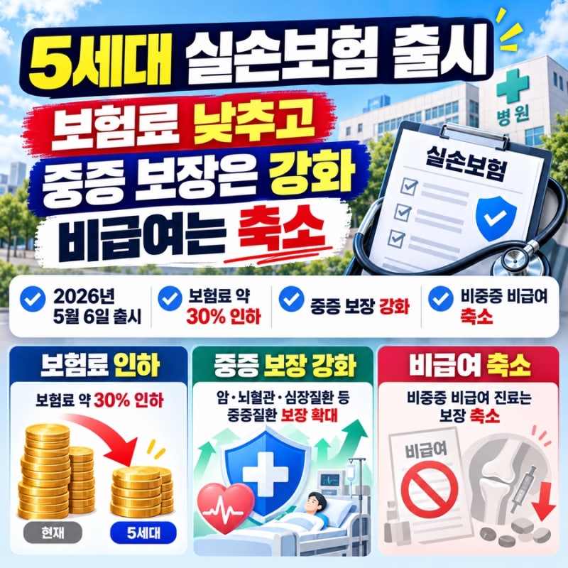 2026.5월 5세대 실손보험 출시｜보험료 낮추고 중증 보장은 강화, 비급여는 축소
