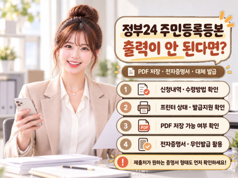 정부24 주민등록등본 출력 안 될 때? PDF 저장 가능 여부와 대체 발급 방법