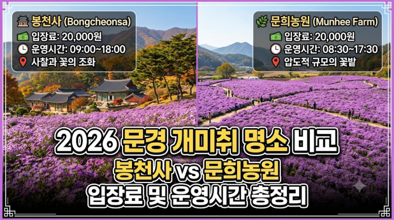 2026 문경 개미취 명소 비교: 봉천사 vs 문희농원 입장료 및 운영시간 총정리