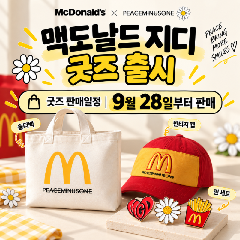맥도날드 지디 굿즈｜9월 28일 출시일, 피스마이너스원 콜라보 핀세트·캡·숄더백