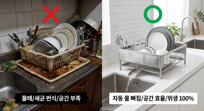 [주방도구 팩트체크] 식기건조대 밑 썩은 물때 방치하시나요? 좁은 주방 2배 넓게 쓰는 '올스....