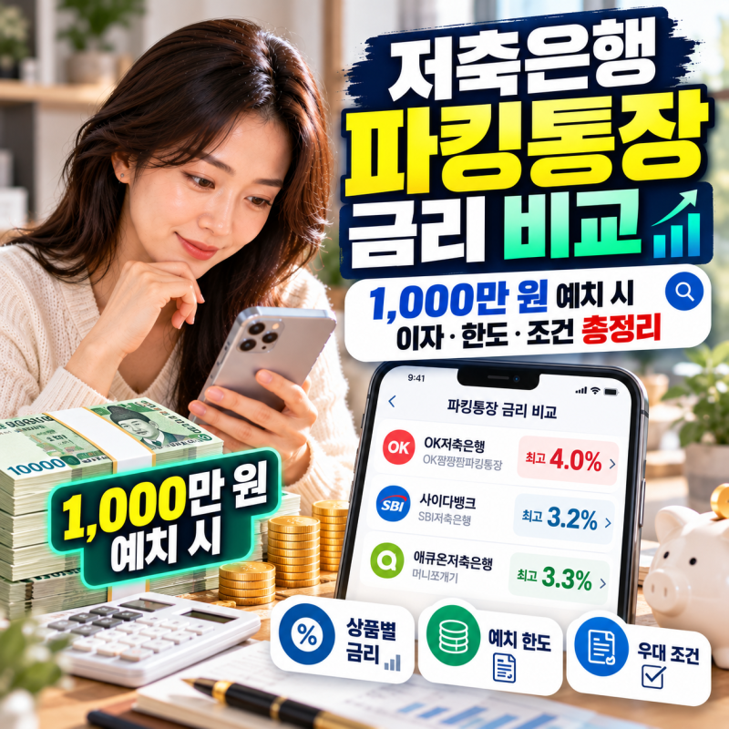 저축은행 파킹통장 금리 비교｜1,000만 원 예치 시 이자 및 상품별 조건 총정리