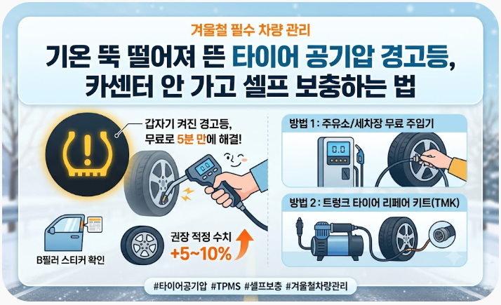 기온 뚝 떨어져 뜬 타이어 공기압 경고등, 카센터 안 가고 셀프 보충하는 법