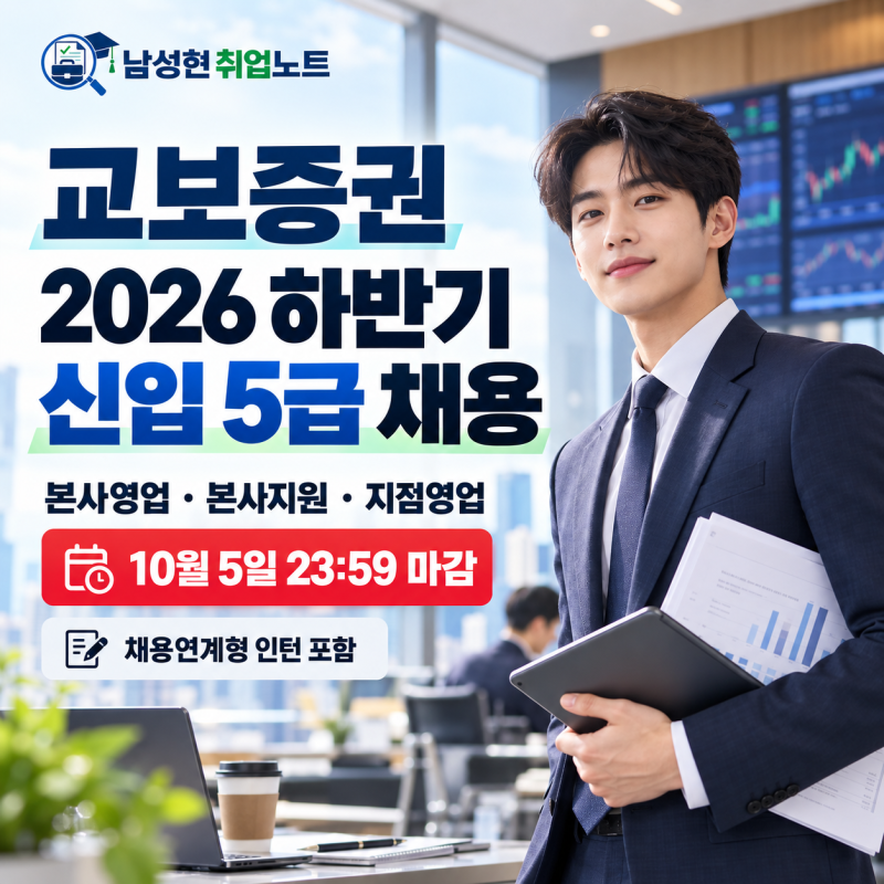 교보증권 2026 하반기 신입 5급 채용 ｜본사영업·본사지원·지점영업｜10월 5일 23:59 마감
