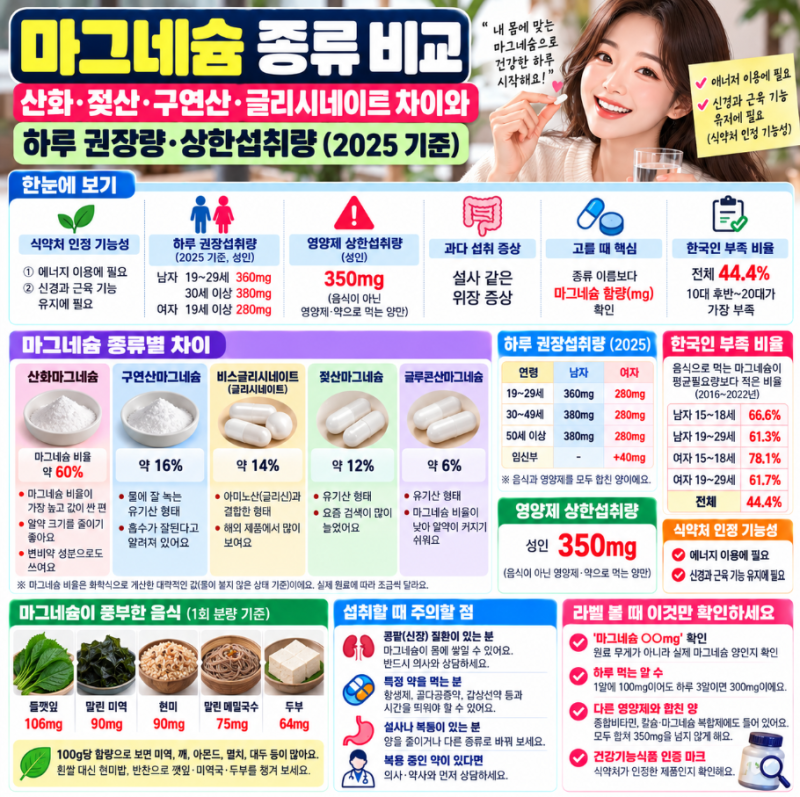 마그네슘 종류 비교 | 산화·젖산·구연산·글리시네이트 차이와 하루 권장량·상한섭취량 (202....
