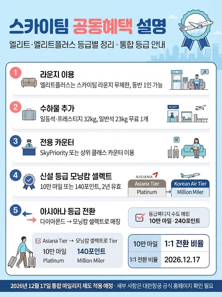 대한항공 아시아나 등급 통합 설명 | 전환 매칭·모닝캄 셀렉트