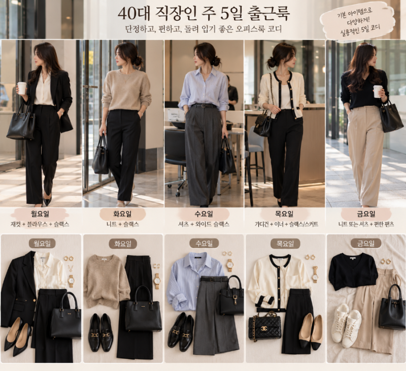 40대 직장인 오피스룩, 월요일부터 금요일까지 5일 출근 코디