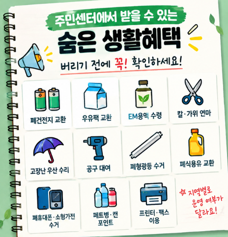 주민센터 가면 공짜라고요? 폐건전지부터 칼갈이·공구대여·EM용액까지 놓치면 아까운 생활 ....