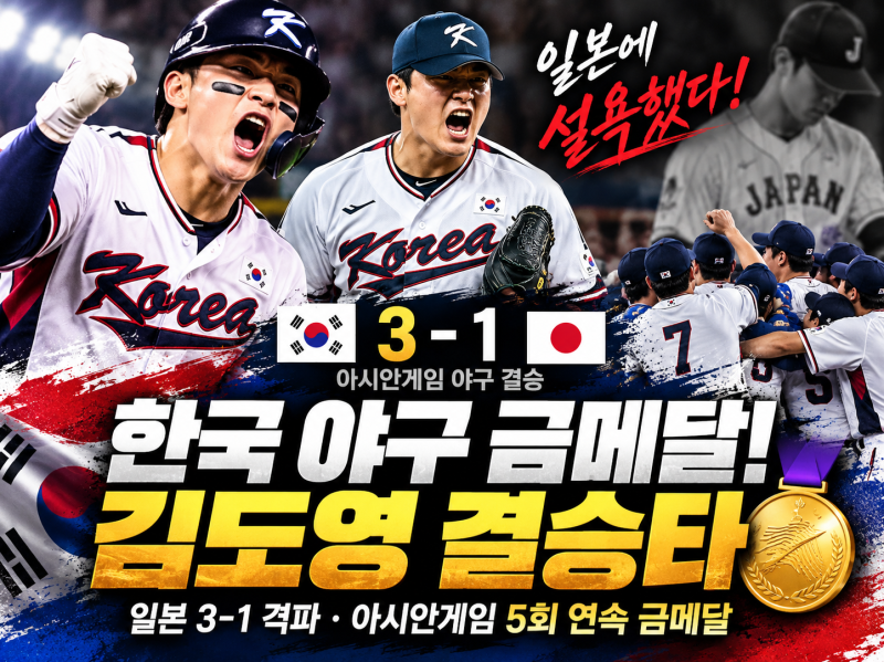 한국 야구 금메달! 일본 3-1 격파…김도영이 8회 승부를 갈랐다