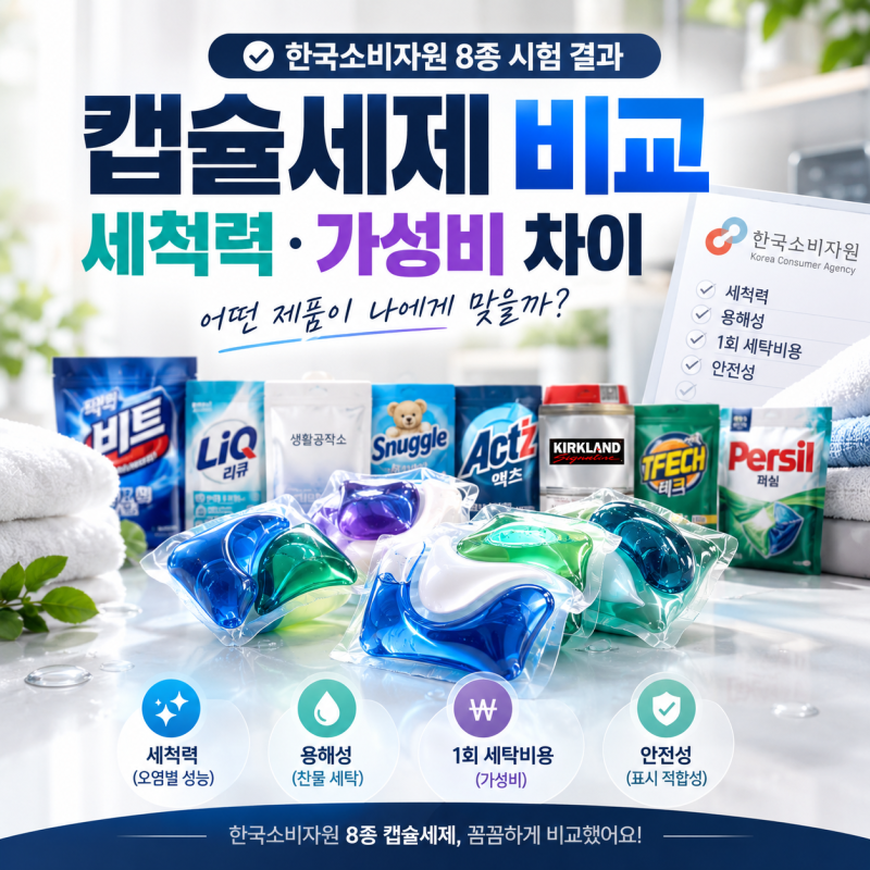 캡슐세제 비교 8종｜세척력·찬물 용해성·1회 세탁 비용 한국소비자원 시험 결과