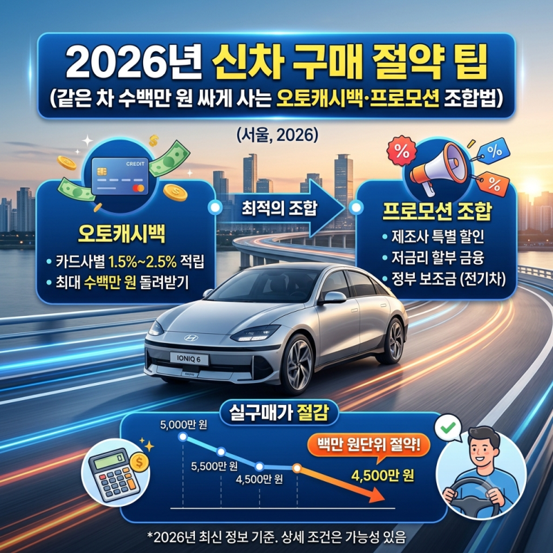 2026년 신차 구매 절약 팁 (같은 차 수백만 원 싸게 사는 오토캐시백·프로모션 조합법)