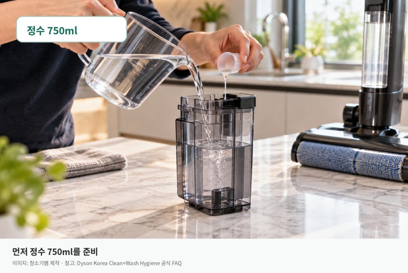 다이슨 클린앤워시, 구연산 15ml·물 750ml는 어떻게 넣어야 할까?