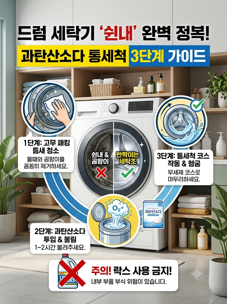 드럼 세탁기 빨래 쉰내의 원인과 과탄산소다 통세척 3단계