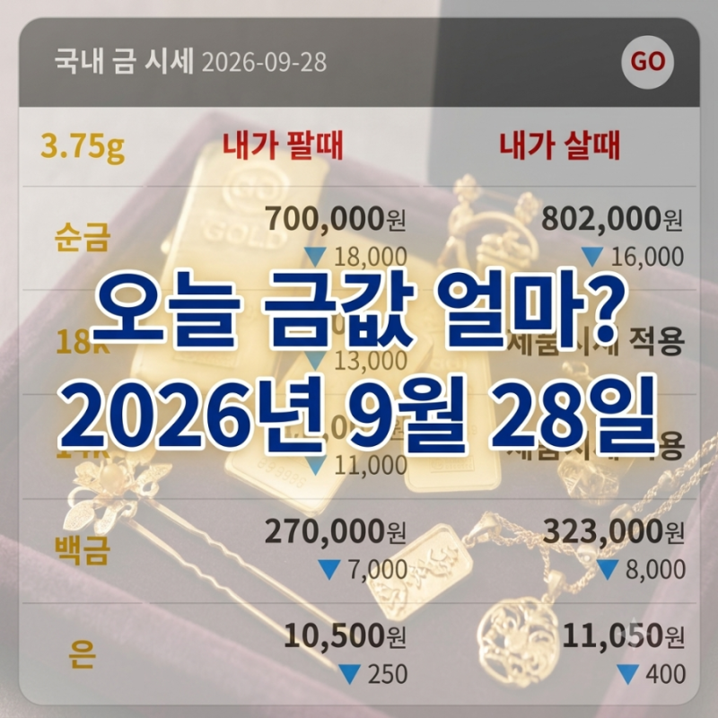 오늘 금값 얼마? 2026년 9월 28일 순금·18K·14K 금시세 총정리