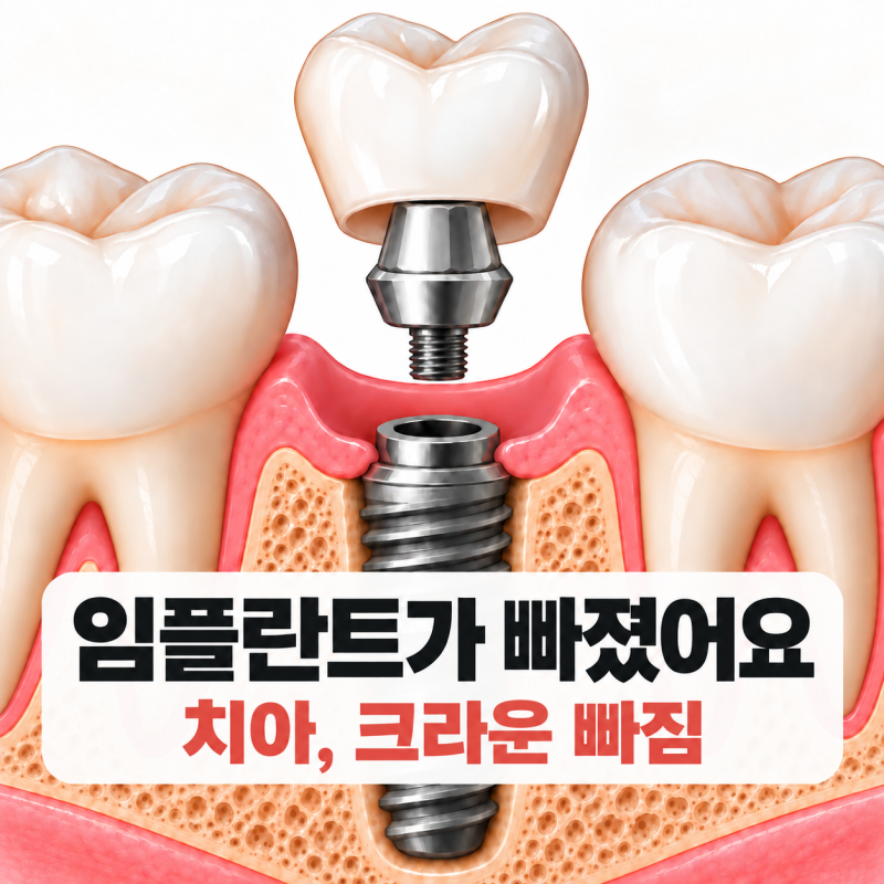 임플란트가 빠졌어요. 치아, 크라운 빠짐.