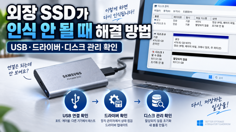 외장 SSD가 인식 안 될 때 해결 방법｜USB·드라이버·디스크 관리 확인
