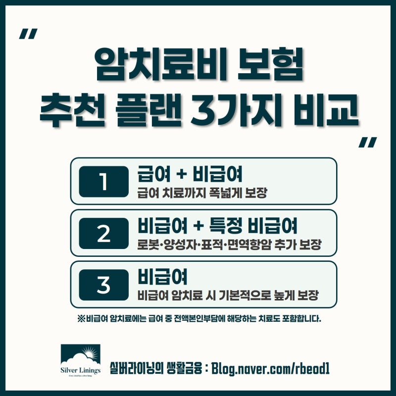 비급여 암치료비 보험 추천 플랜 3가지 비교 : 보장 내용 및 보험료