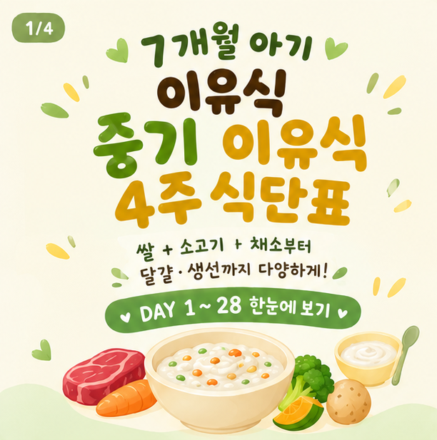 7개월 아기 이유식 식단표｜중기 이유식 4주 대표 식단