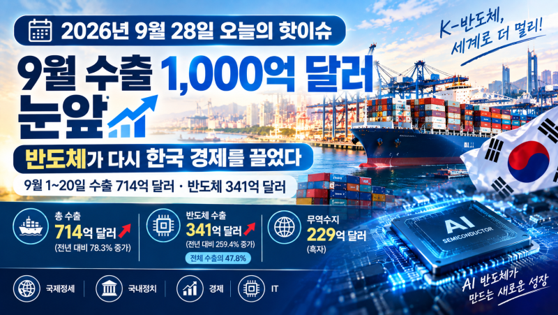2026년 9월 28일 오늘의 핫이슈 /       9월 수출 1,000억 달러 눈앞…반도체가 다시 한국 경제를 ....