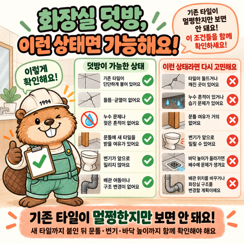 화장실 덧방해도 될까? 전체 철거가 나은 경우와 2026년 비용 비교