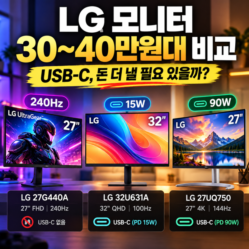 LG 모니터 30~40만원대 비교｜27G440A·32U631A·27UQ750, USB-C까지 돈 더 낼 필요 있을까?