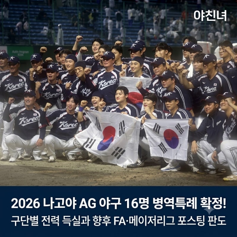 2026 나고야 AG 야구 16명 병역특례 확정! 구단별 전력 득실과 향후 FA·메이저리그 포스팅 판도