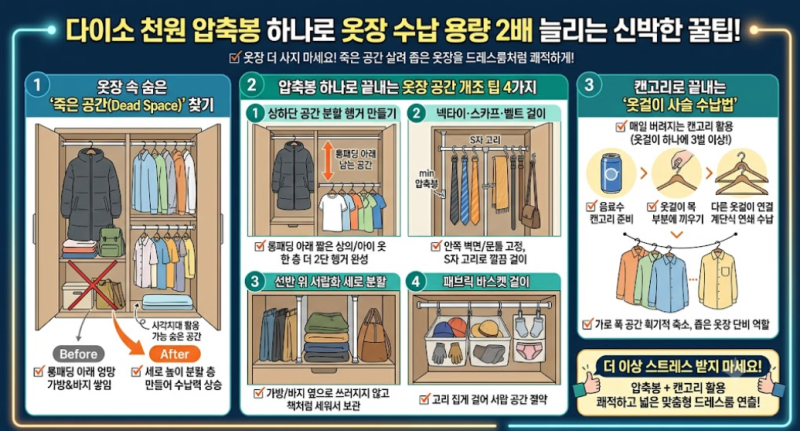 좁은 옷장 수납공간 2배 넓히는 압축봉 수납 꿀팁과 옷걸이 정리 노하우