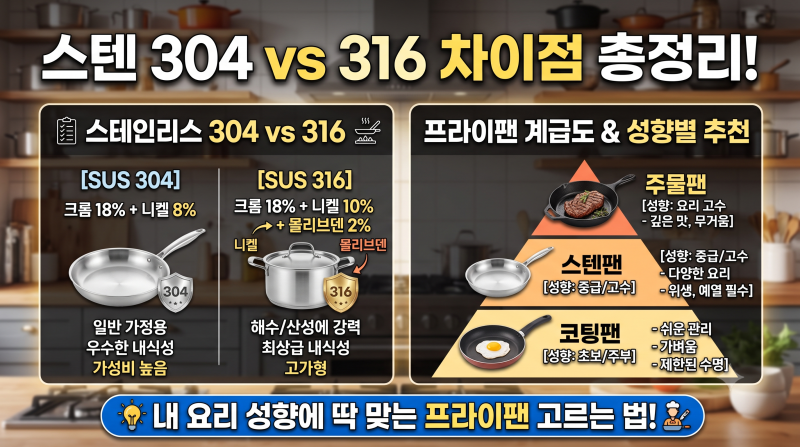 스텐 304 vs 316 차이점 총정리! 주물팬·코팅팬 계급도와 내 요리 성향에 딱 맞는 프라이팬 고....