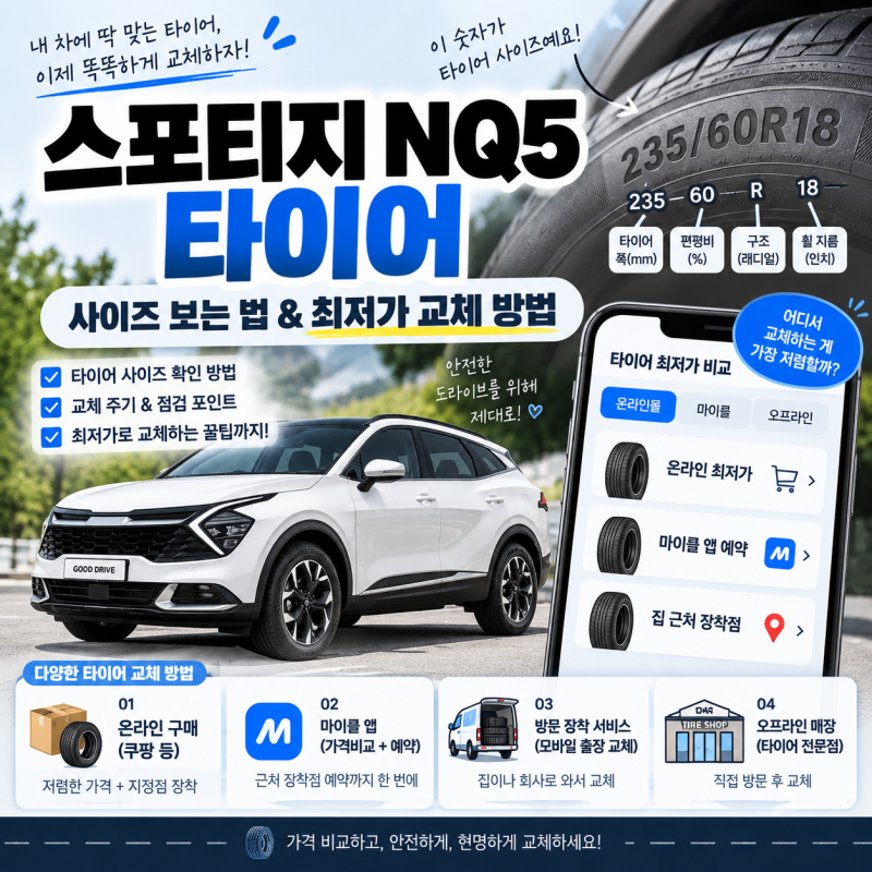 스포티지 NQ5 타이어 사이즈 보는 법｜최저가로 교체하는 방법 총정리