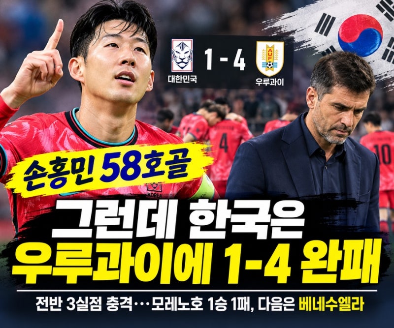 손흥민 58호골에도 웃지 못했다…우루과이에 1-4 완패, 무슨 일이 있었나