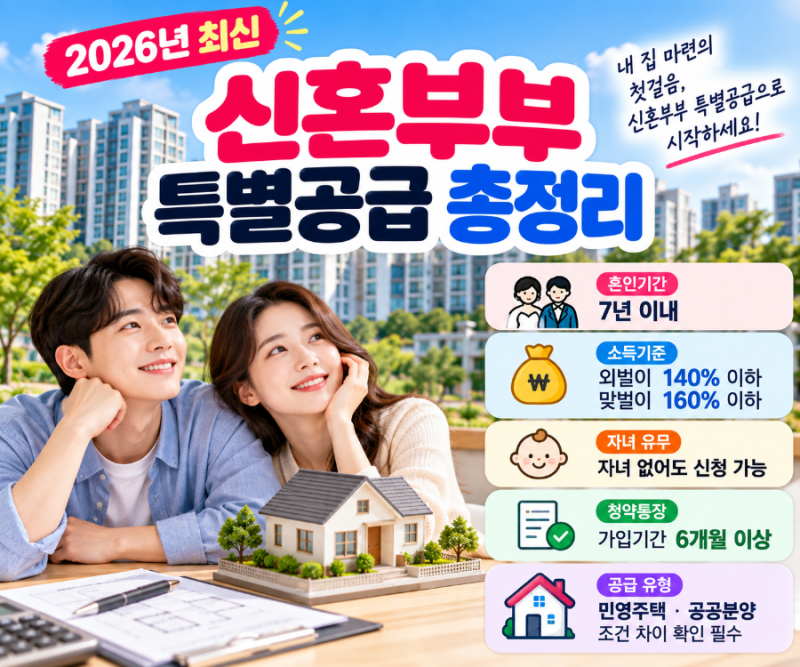 2026년 신혼부부 특별공급 총정리｜소득기준·무주택 조건·자녀 없어도 청약 가능할까?