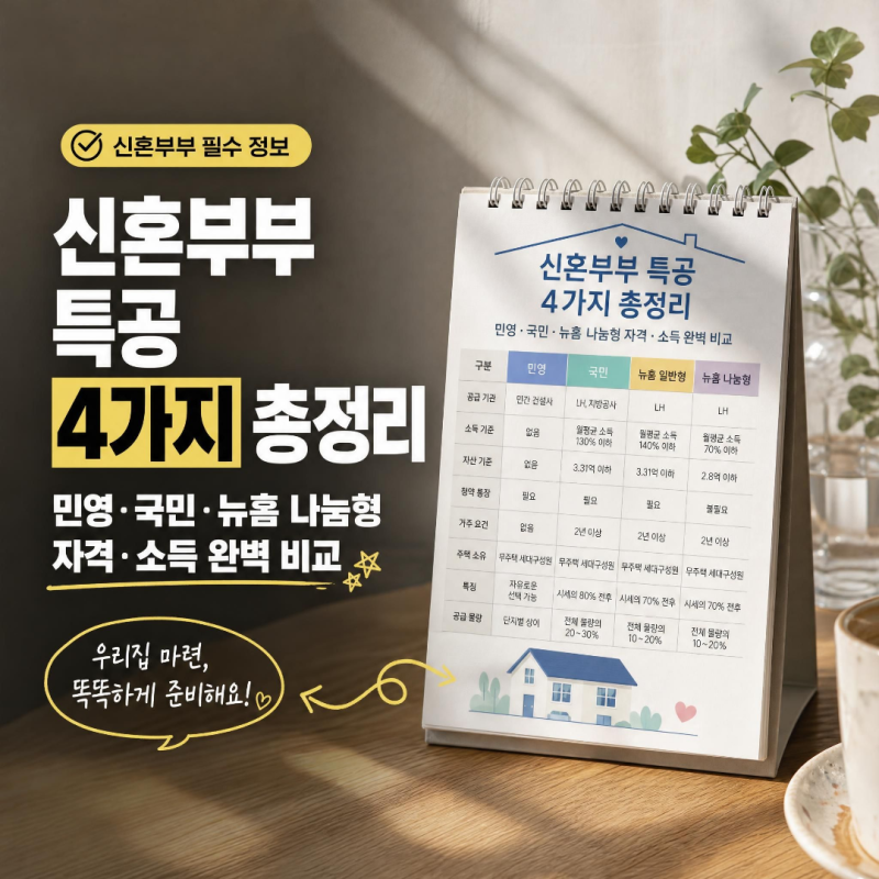 신혼부부 특공 4가지 총정리 민영·국민·뉴홈 나눔형 자격·소득 완벽 비교