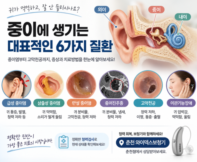 중이에 생기는 대표적인 질환 6가지! 중이염부터 고막천공까지 완벽 정리 (춘천보청기)