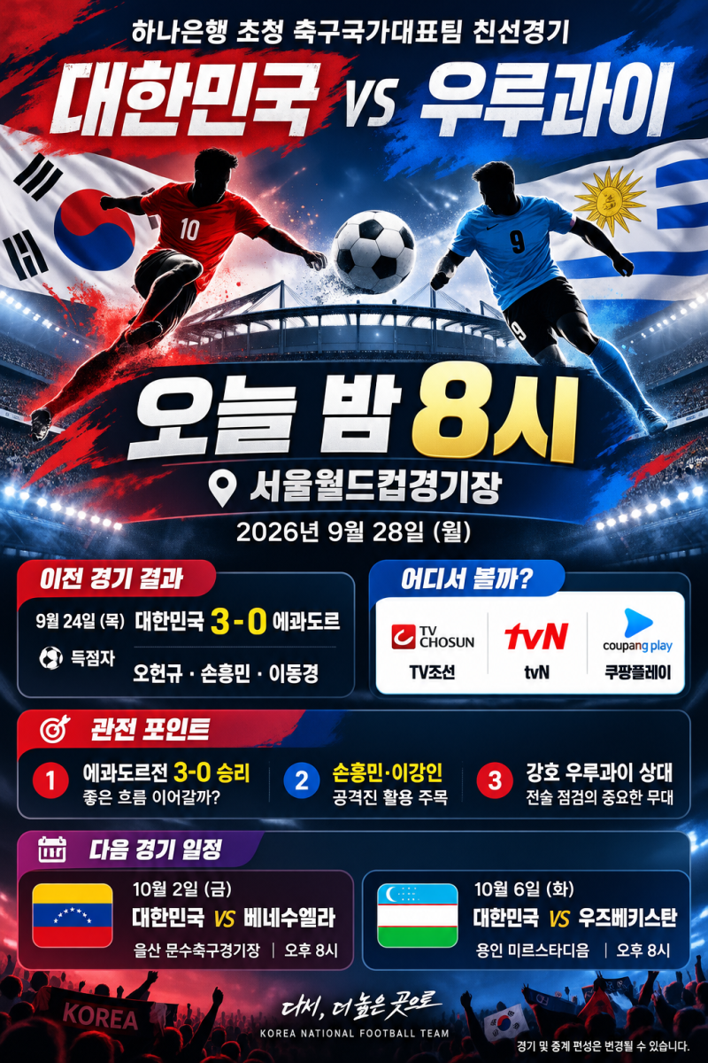 대한민국 우루과이 축구 중계｜9월 28일 하나은행 초청 친선경기 시간·채널 총정리